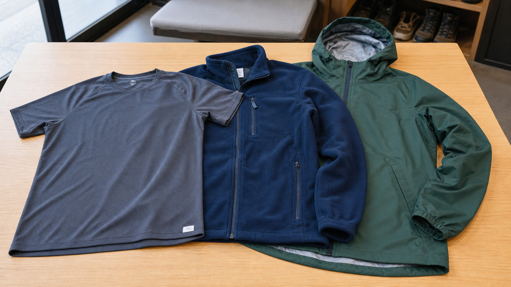 Tee-shirt respirant, polaire et veste imperméable posés en trois couches